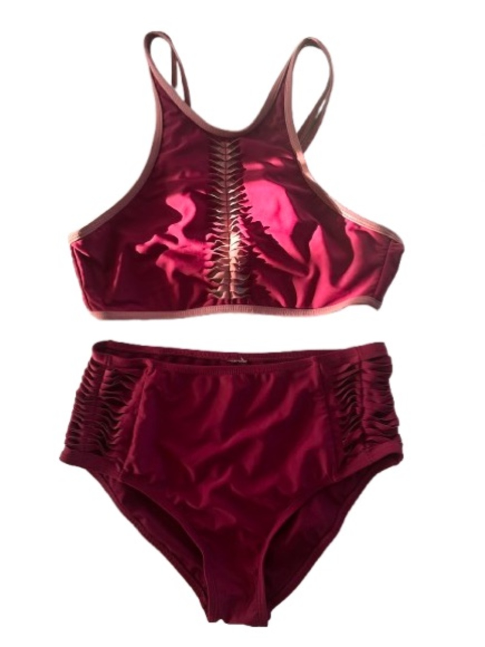 High Neck Cutout Two-Piece Bikini - Deep Berry